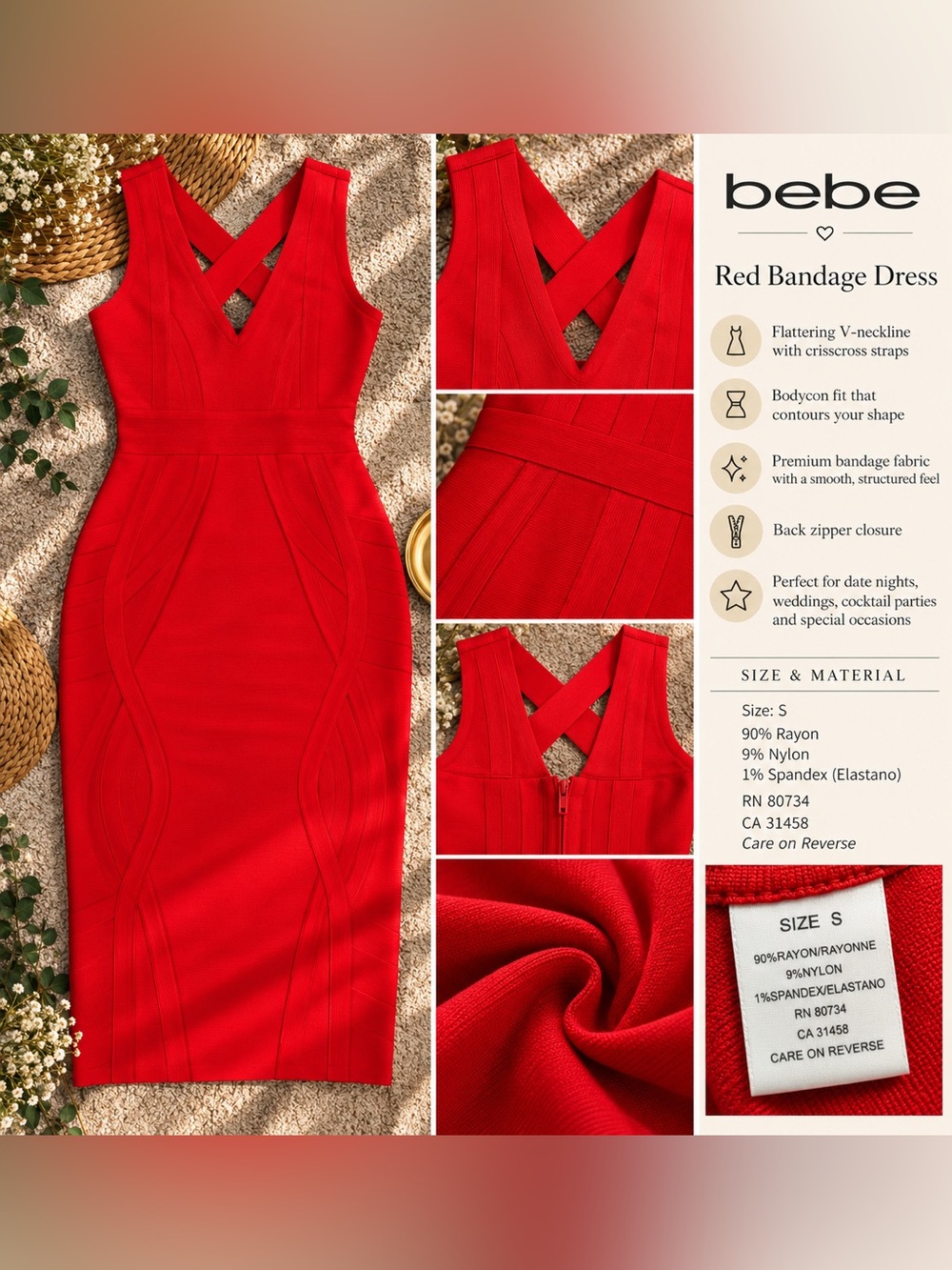 bebe Red V-Neck Crisscross Midi Bandage Dress
